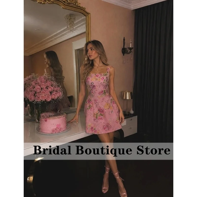 Customized Pink Spaghetti Strap Floral Print Mini Prom Dress vestidos de noche Rhinestone A Line Short Formal Evenin
Customized Pink Spaghetti Strap Floral Print Mini Prom Dress vestidos de noche Rhinestone A Line Short Formal Evenin