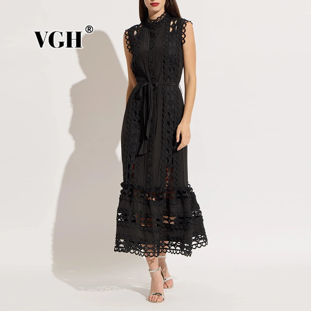 VGH Hollow Out Slimming Casual Long Dresses For Women Stand Collar Sleeveless High Waist Spliced Lace Up Chic Dress Female New
VGH Hollow Out Slimming Casual Long Dresses For Women Stand Collar Sleeveless High Waist Spliced Lace Up Chic Dress Female New