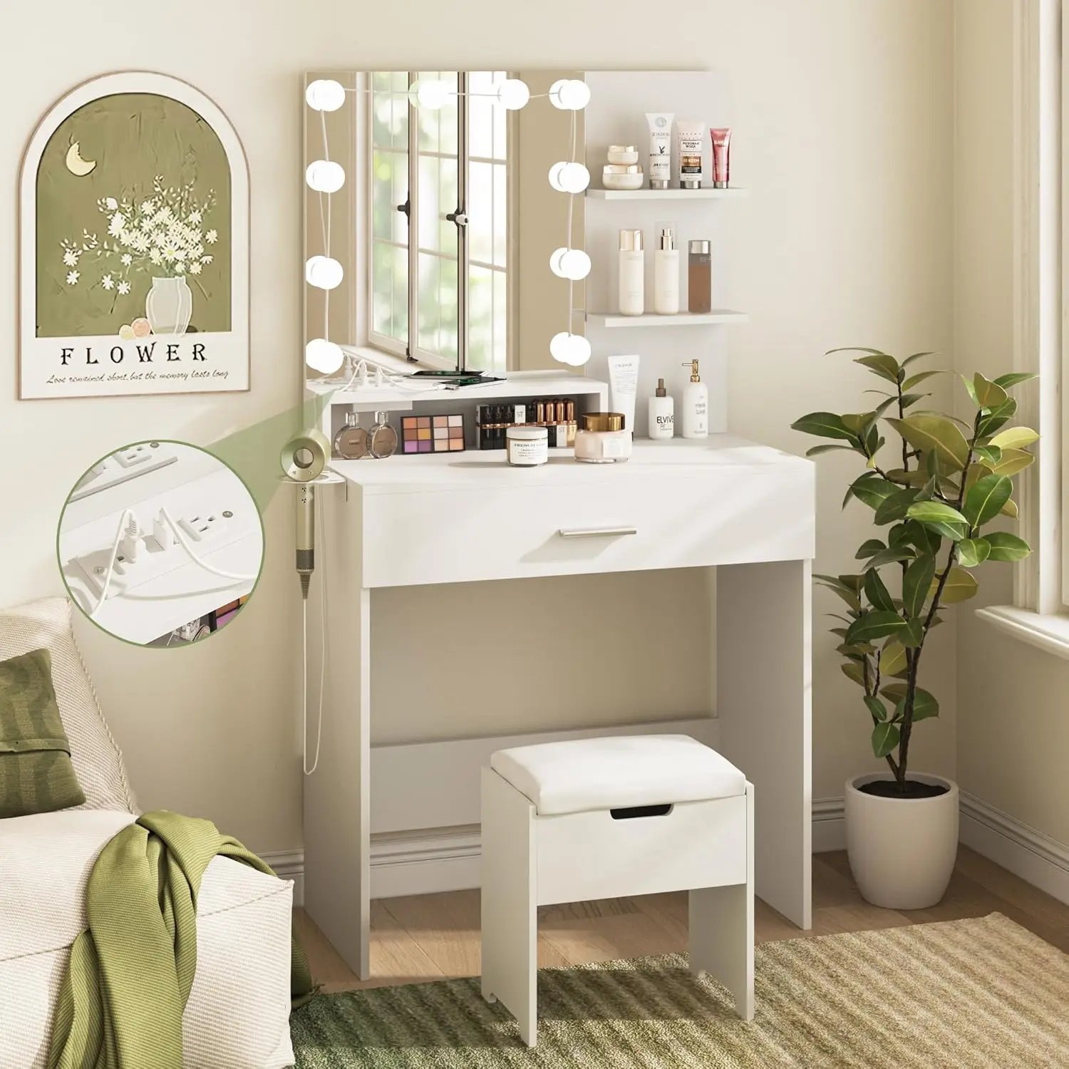 Desk with Mirror and Lights, Makeup Vanity with Storage Chair & Power Strip,Girl Dressing Table Set with Drawer for Bedroom
Desk with Mirror and Lights, Makeup Vanity with Storage Chair & Power Strip,Girl Dressing Table Set with Drawer for Bedroom