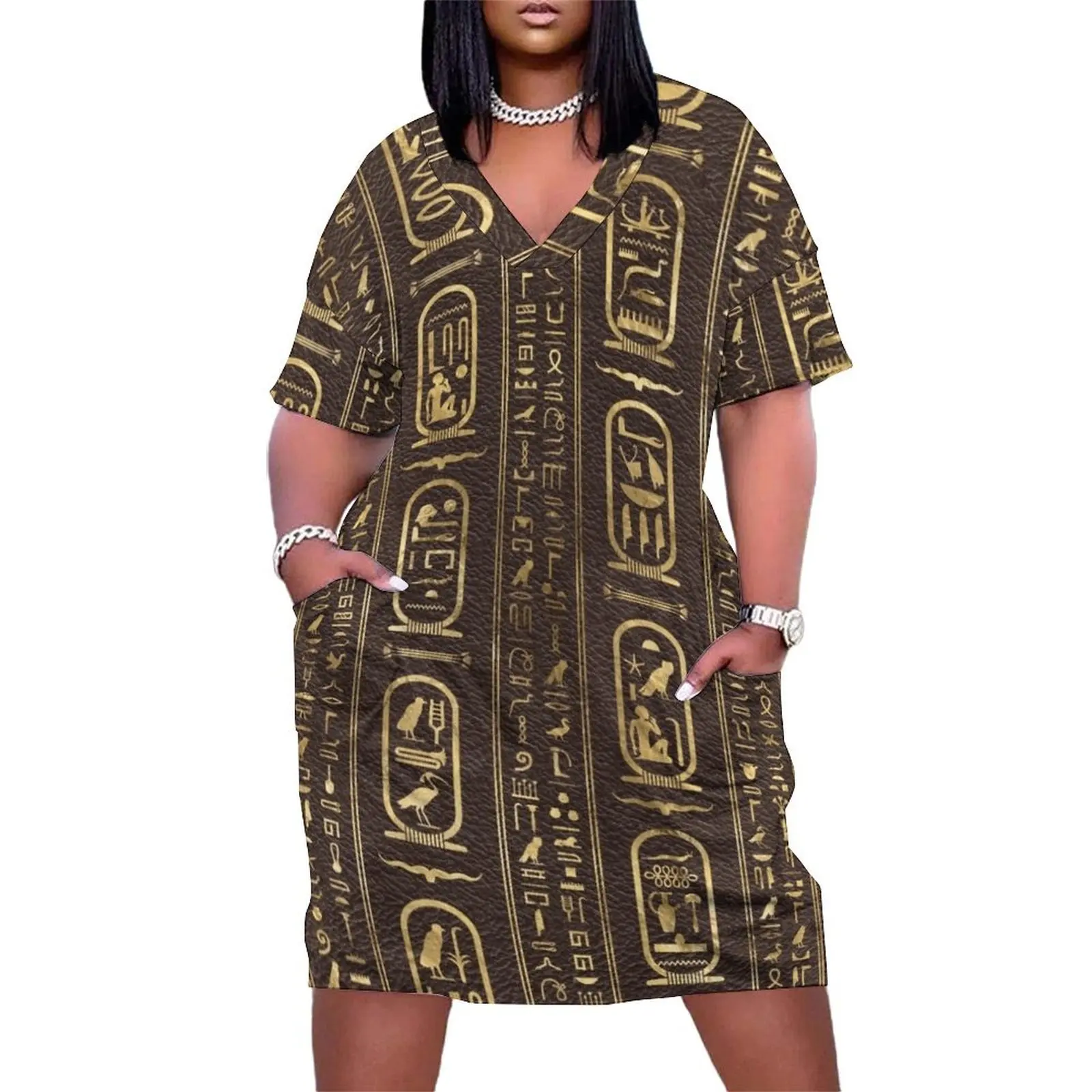 Egyptian hieroglyphs Gold on Brown Leather Loose Pocket Dress loose summer dress Clothing
Egyptian hieroglyphs Gold on Brown Leather Loose Pocket Dress loose summer dress Clothing