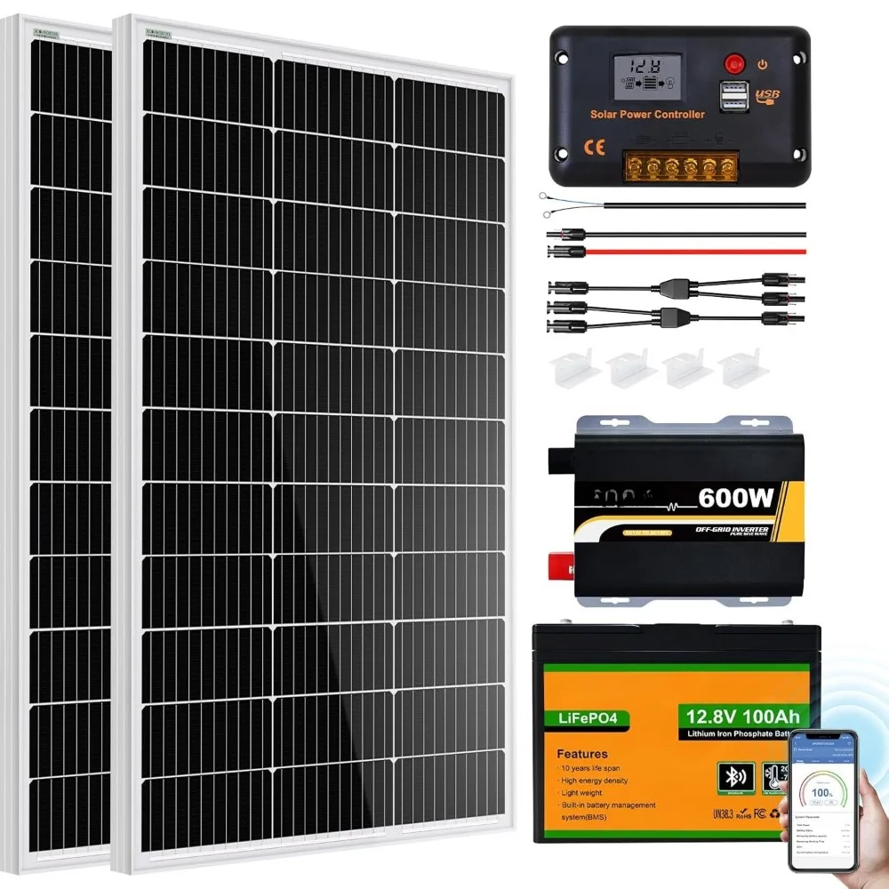 200W 12V Solar Panel Kit - 2x100W Panels + 30A Controller + 100Ah Li Battery + 600W Inverter
200W 12V Solar Panel Kit - 2x100W Panels + 30A Controller + 100Ah Li Battery + 600W Inverter