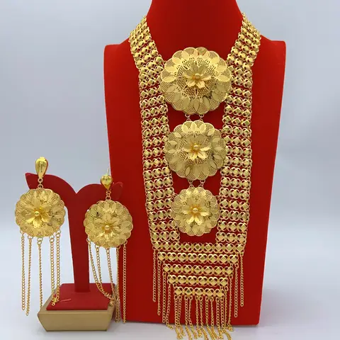 Indian 24K Gold Plated Big Necklace Earrings Jewelry Set For Women African Dubai Nigeria Bridal Wedding Party Gift Jewellery