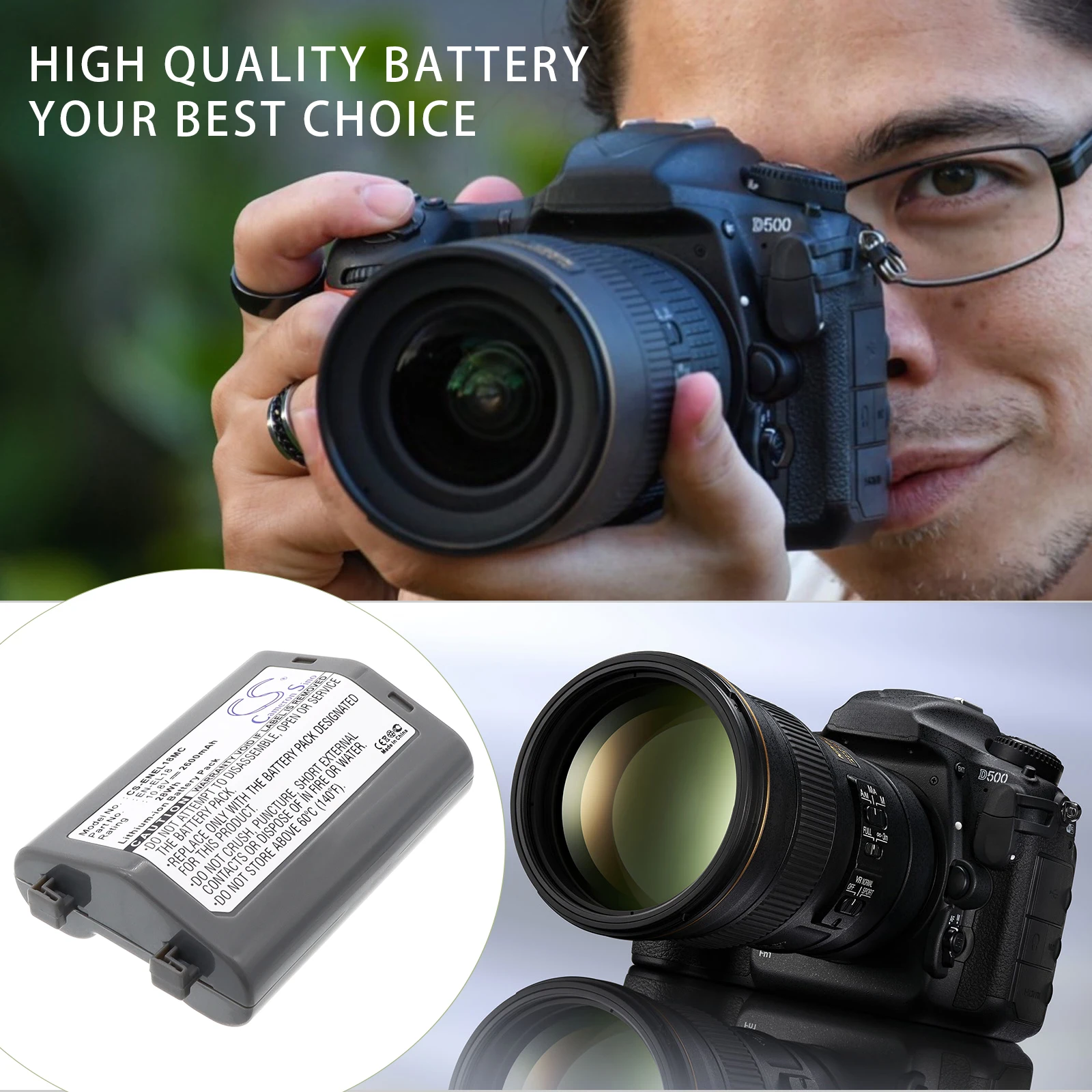 Сменный аккумулятор CS для цифровых зеркальных камер Nikon D4, D4S, D5, D800, D800E, D810, D810A, D500, D850, PN: EN-EL18, EN-EL18a, 2600 мАч / 28,08 Вт·ч
Сменный аккумулятор CS для цифровых зеркальных камер Nikon D4, D4S, D5, D800, D800E, D810, D810A, D500, D850, PN: EN-EL18, EN-EL18a, 2600 мАч / 28,08 Вт·ч