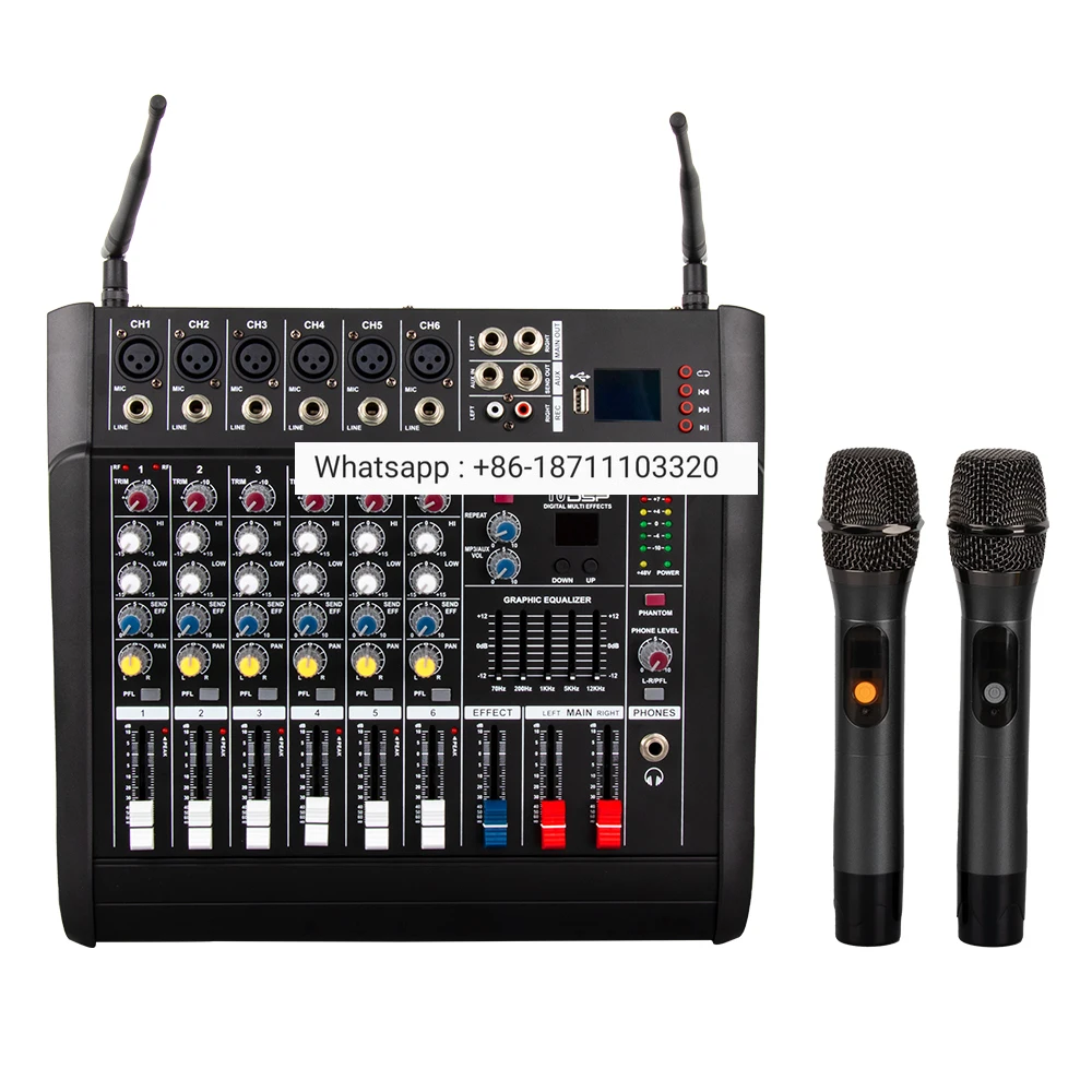 Professional build-in power amplifier 6 channel audio mixer with wireless microphone
Professional build-in power amplifier 6 channel audio mixer with wireless microphone