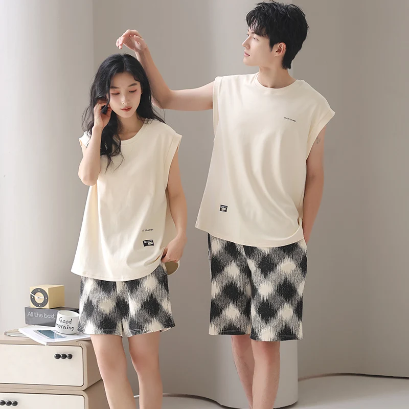Summer Couple Pajama Set Men Knited Cotton Sleeveless Pyjamas Women Vest Pijama With Chest Pad
Summer Couple Pajama Set Men Knited Cotton Sleeveless Pyjamas Women Vest Pijama With Chest Pad