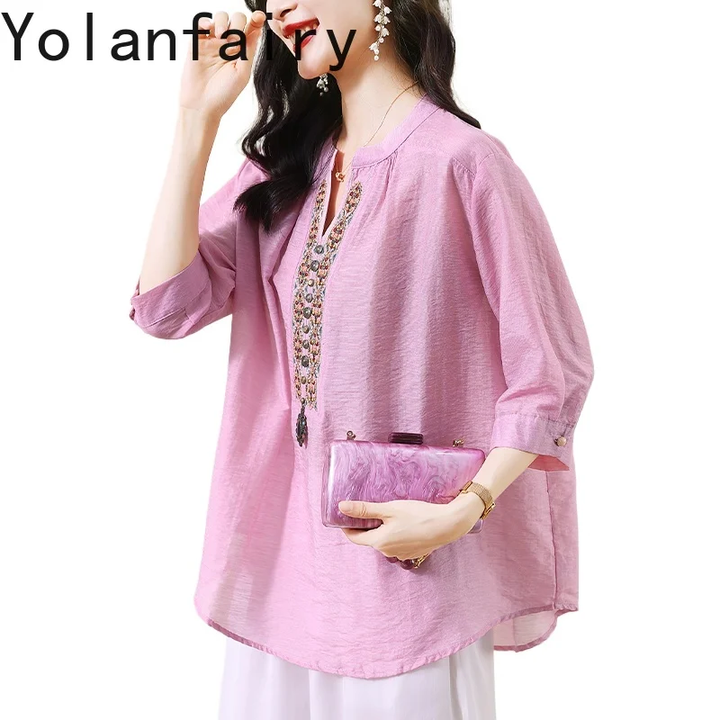 YOLANFAIRY 57% Lyocell 23% Acetate Blouse for Women Early Autumn Embroidery Loose Ladies Tops and Blouses V-neck Blusas Mujer 
YOLANFAIRY 57% Lyocell 23% Acetate Blouse for Women Early Autumn Embroidery Loose Ladies Tops and Blouses V-neck Blusas Mujer