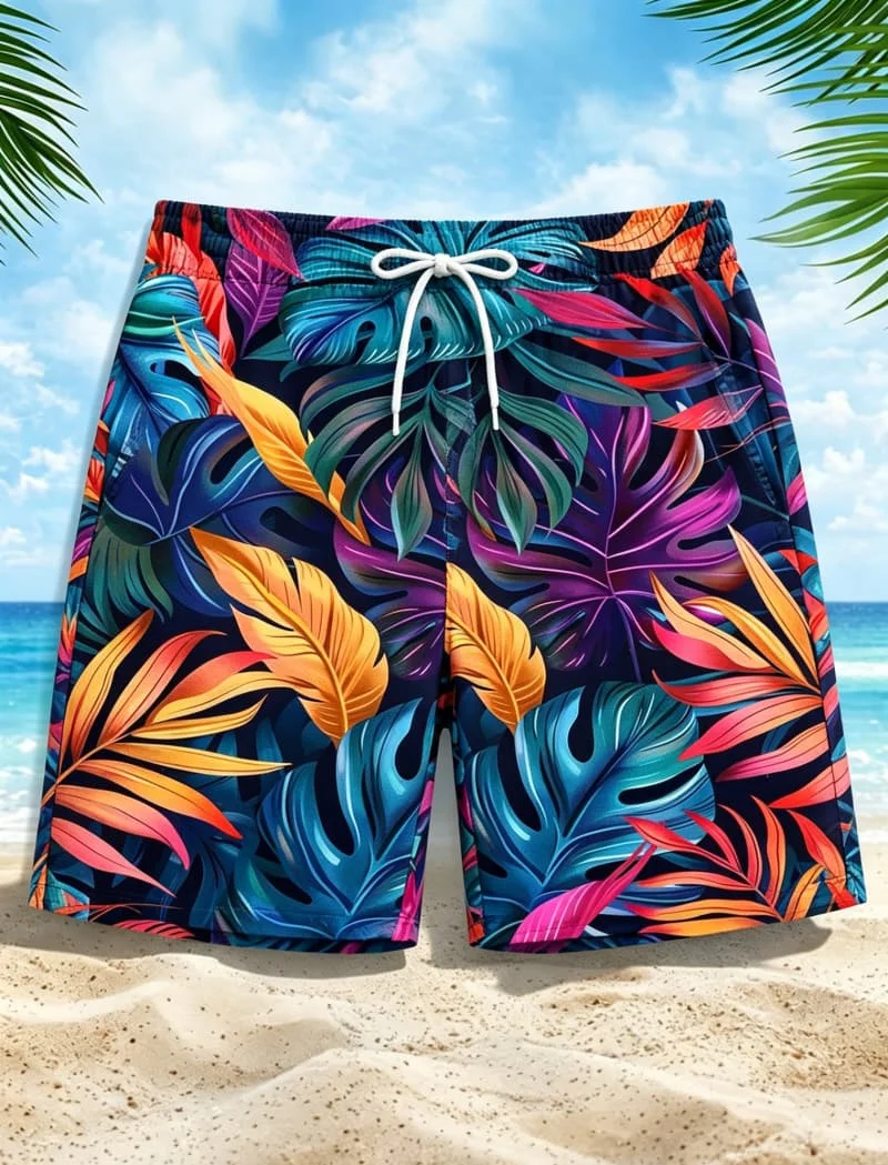 Men's neon tropical leaf print quick drying beach shorts, suitable for summer travel and beach vacations
Men's neon tropical leaf print quick drying beach shorts, suitable for summer travel and beach vacations