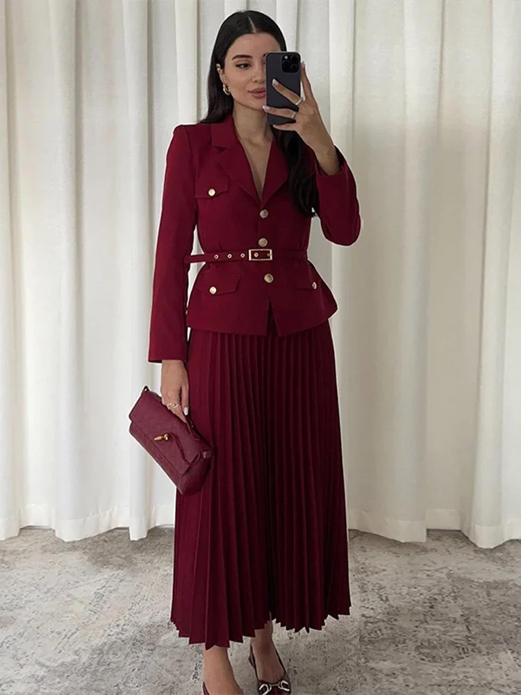 Spring Autumn Fashion Outfit Chic Two Pieces Set Women Single-breasted Lapel Casual Top Coat Belt Pleated Midi Skirt Suit Lady
Spring Autumn Fashion Outfit Chic Two Pieces Set Women Single-breasted Lapel Casual Top Coat Belt Pleated Midi Skirt Suit Lady