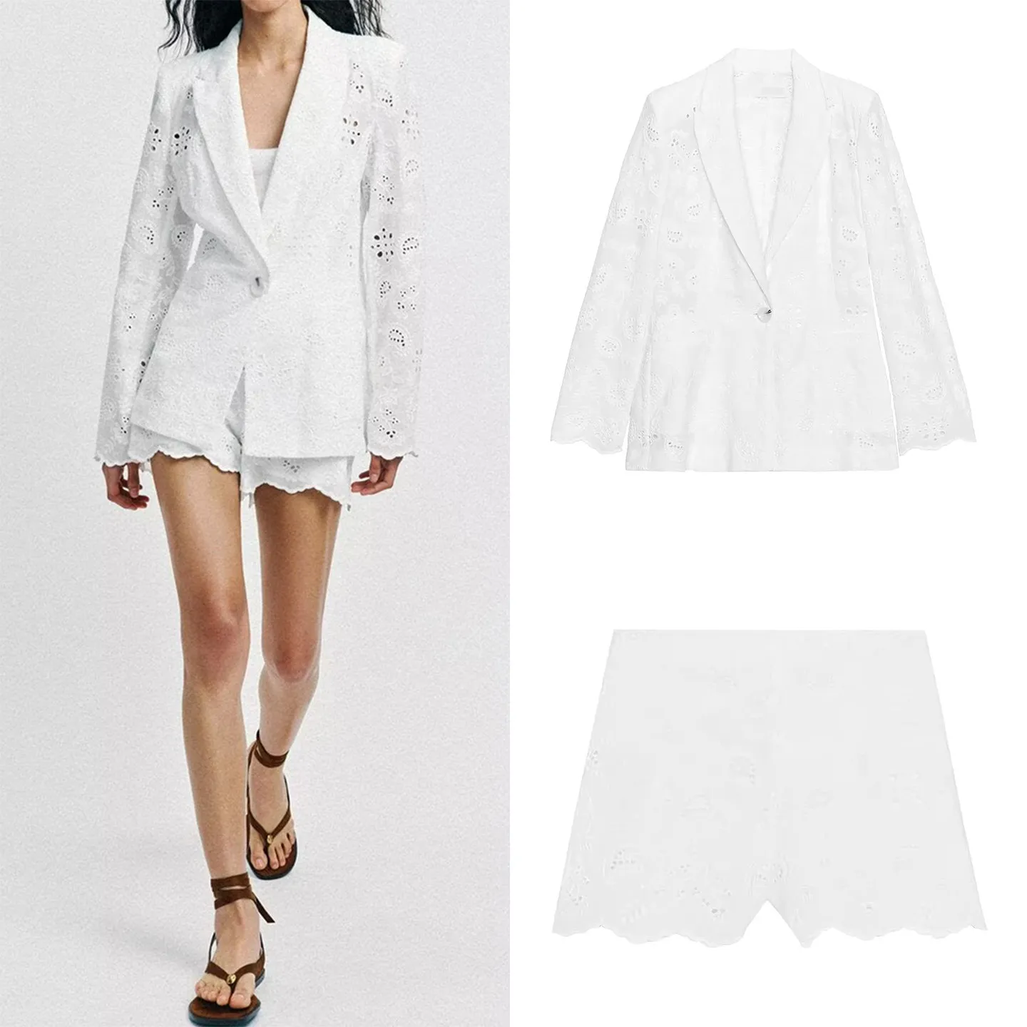 Women's Fashion Suit Set with Padded Shoulder Long Sleeve Hollow Embroidery Jacket And Shorts High Waist Spring Season
Women's Fashion Suit Set with Padded Shoulder Long Sleeve Hollow Embroidery Jacket And Shorts High Waist Spring Season