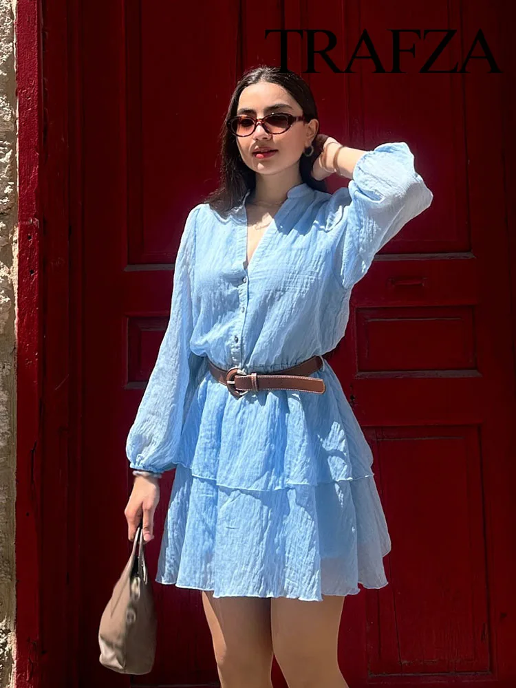 TRAFZA Women's V-neck Laminated Decoration Single Breasted Long Sleeve Mini Dress Summer Female Chic With Belt Solid Dress
TRAFZA Women's V-neck Laminated Decoration Single Breasted Long Sleeve Mini Dress Summer Female Chic With Belt Solid Dress