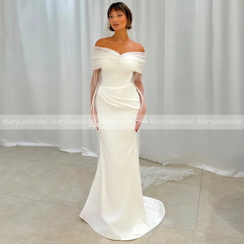 Off the Shoulder Long Sleeves Wedding Dress with Detachable Tulle Wrap Customized Ruched Satin Mermaid Bridal Gown Long Vestidos
Off the Shoulder Long Sleeves Wedding Dress with Detachable Tulle Wrap Customized Ruched Satin Mermaid Bridal Gown Long Vestidos