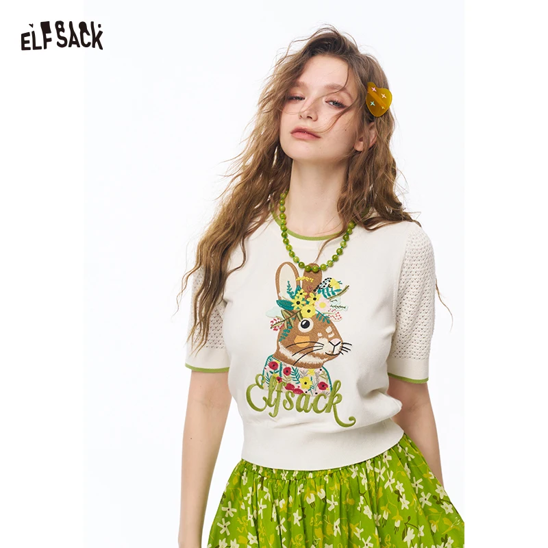 ELFSACK Women's Cropped Short Sleeve Knit Top with Floral Rabbit Embroidery, Contrast Trim Hollow Out Pullover for Summer
ELFSACK Women's Cropped Short Sleeve Knit Top with Floral Rabbit Embroidery, Contrast Trim Hollow Out Pullover for Summer