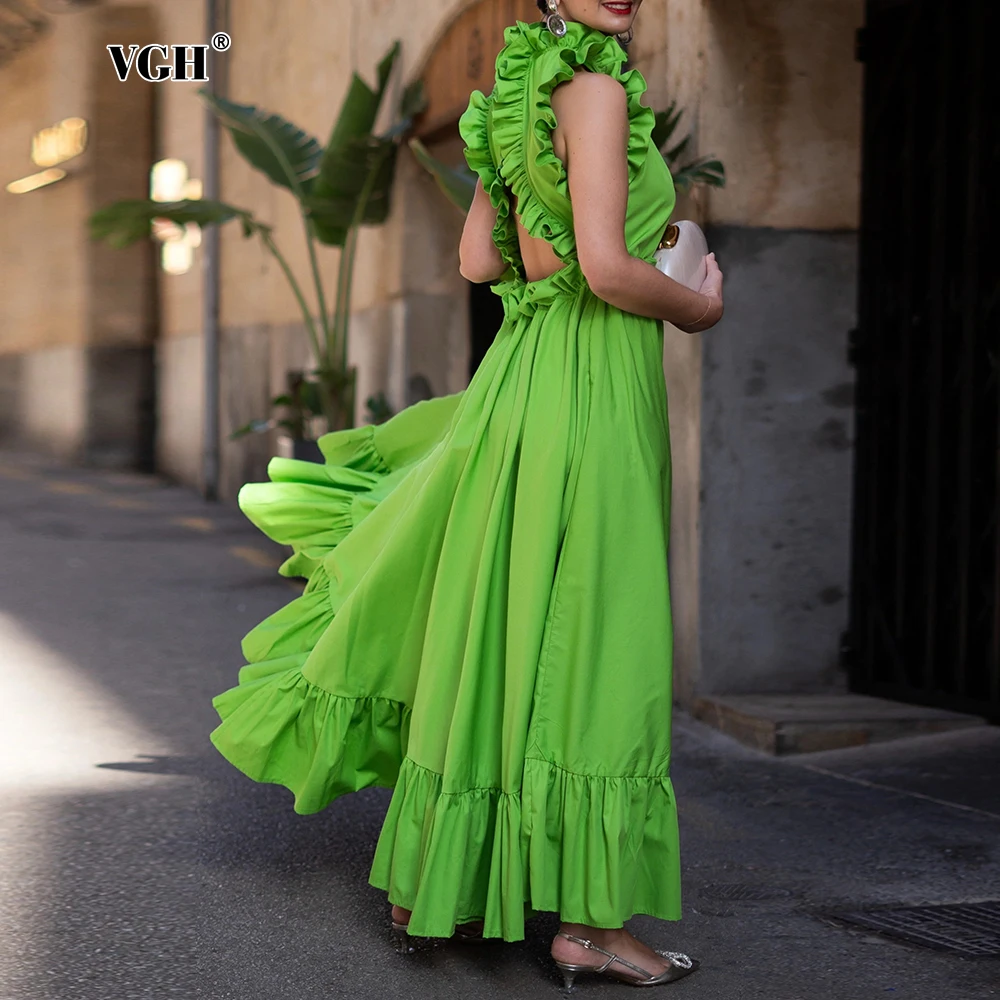 VGH Summer Backless Holiday Long Dress for Women stand Collar Sleeveless High Waist Spliced Ruffles Party Solid Dresses Female
VGH Summer Backless Holiday Long Dress for Women stand Collar Sleeveless High Waist Spliced Ruffles Party Solid Dresses Female