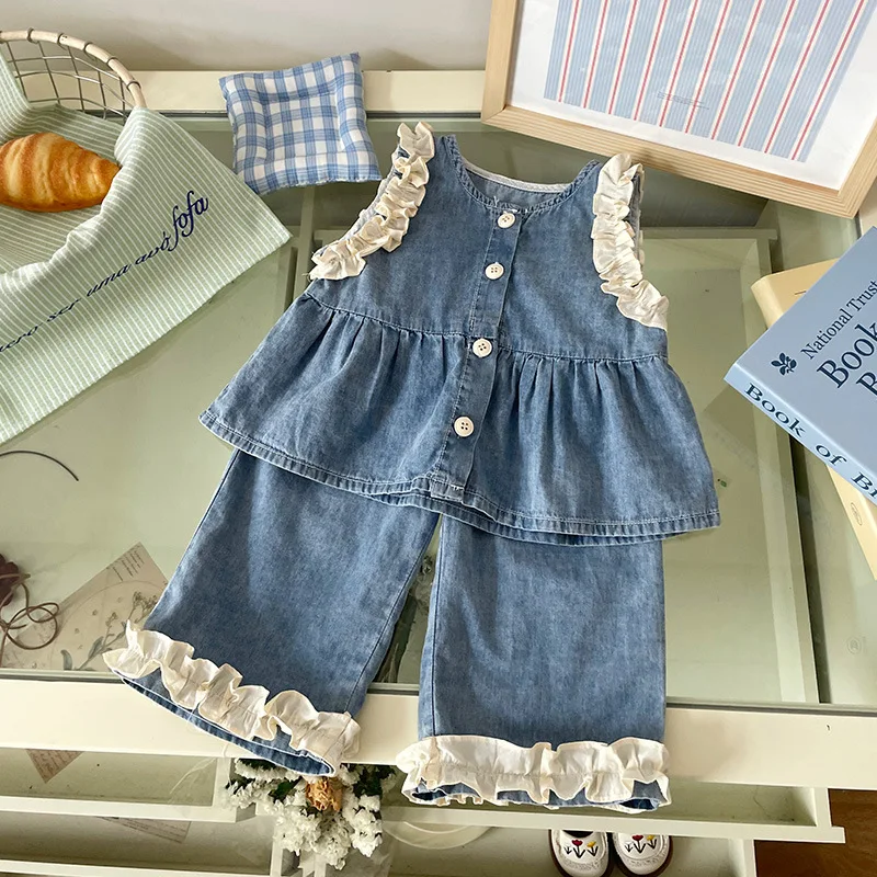 2025 Summer New Lace Denim Vest Wide-leg Pants Two-piece Set Baby Girl Outfit Set Girls Clothes
2025 Summer New Lace Denim Vest Wide-leg Pants Two-piece Set Baby Girl Outfit Set Girls Clothes