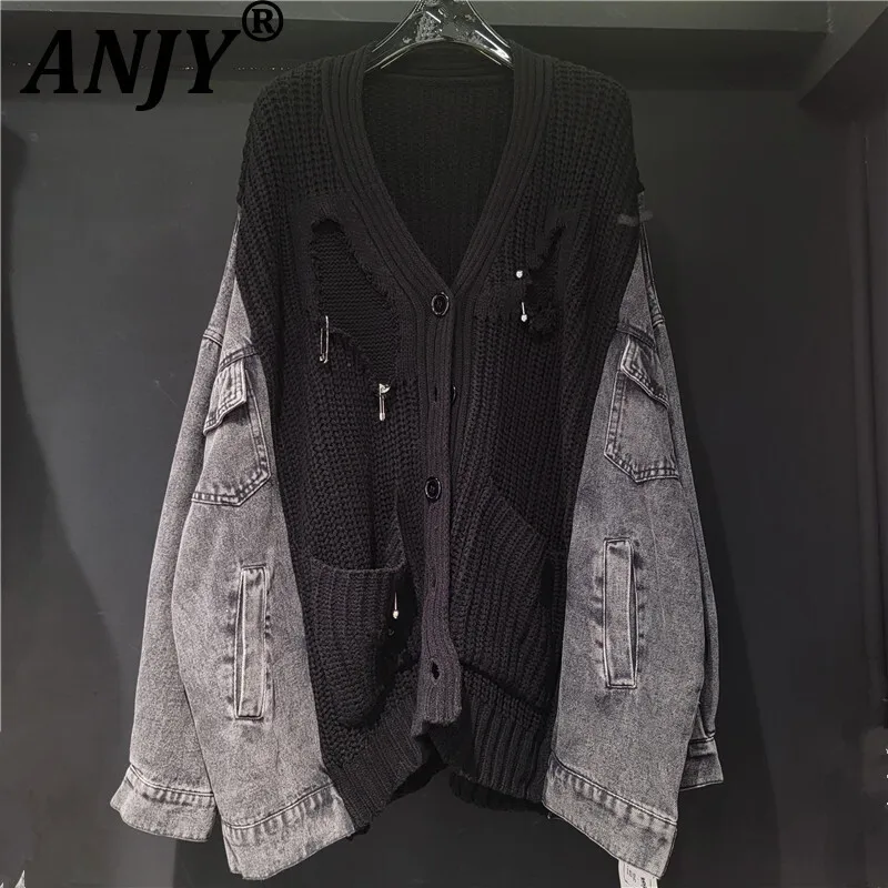 ANJY Autumn New Women Korean Jacket Denim Patchwork Knitted Sweater Contrast Color Pin Single Breasted Elegant Casual Coat A9920
ANJY Autumn New Women Korean Jacket Denim Patchwork Knitted Sweater Contrast Color Pin Single Breasted Elegant Casual Coat A9920