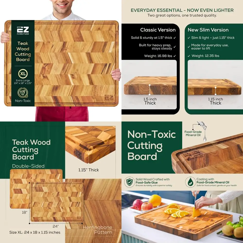 Large Herringbone Teak Wood Cutting and Serving Board, Pre-Oiled Edge Grain, Juice Groove, Handles, Food Grade
Large Herringbone Teak Wood Cutting and Serving Board, Pre-Oiled Edge Grain, Juice Groove, Handles, Food Grade