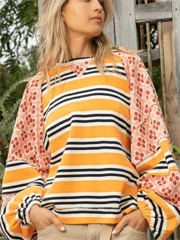 Модные женские толстовки с рукавами-фонариками в полоску и цветочным принтом, новые осенние свободные повседневные пуловеры с круглым вырезом, топы 2025
Модные женские толстовки с рукавами-фонариками в полоску и цветочным принтом, новые осенние свободные повседневные пуловеры с круглым вырезом, топы 2025