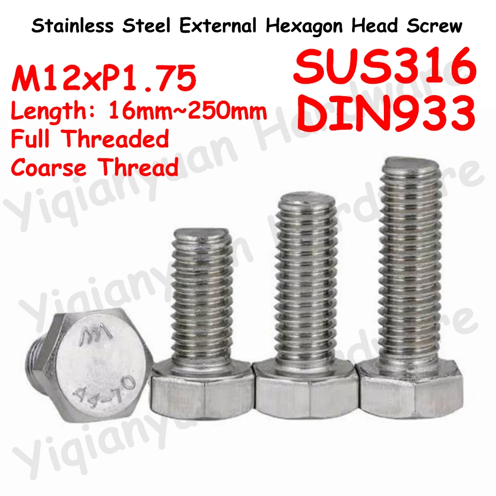 Yiqianyuan M12xP1.75 Грубая резьба DIN933 SUS316(A4) Винт с шестигранной головкой из нержавеющей стали Внешний болт с шестигранной головкой Полная резьба
Yiqianyuan M12xP1.75 Грубая резьба DIN933 SUS316(A4) Винт с шестигранной головкой из нержавеющей стали Внешний болт с шестигранной головкой Полная резьба