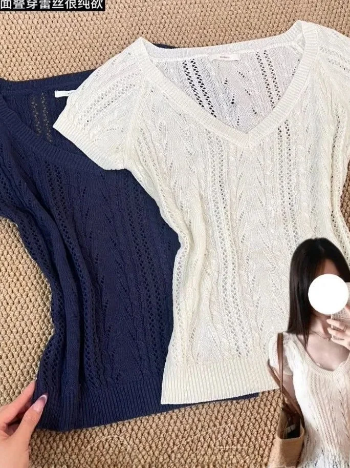 Sexy Hollow out V-Neck Knitted T-Shirt Women's Slim Fit Breathable Casual Top for Summer Design Sensual Chic Female Shirt
Sexy Hollow out V-Neck Knitted T-Shirt Women's Slim Fit Breathable Casual Top for Summer Design Sensual Chic Female Shirt