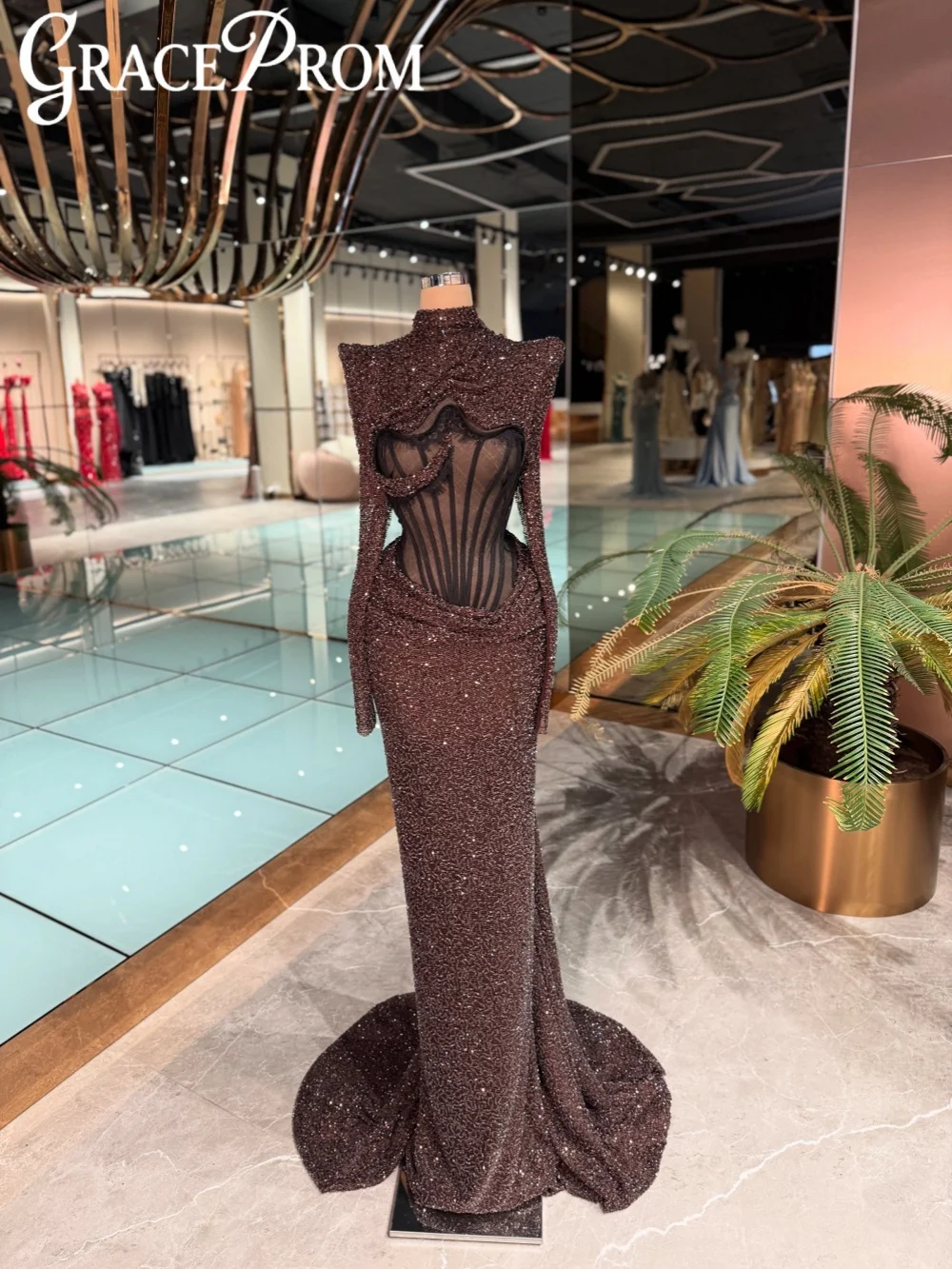 Brown Embroidery Lace Evening Dress Modest High Collar Long Sleeve Wedding Party Gown Customized Formal Mermaid Prom Dresses
Brown Embroidery Lace Evening Dress Modest High Collar Long Sleeve Wedding Party Gown Customized Formal Mermaid Prom Dresses