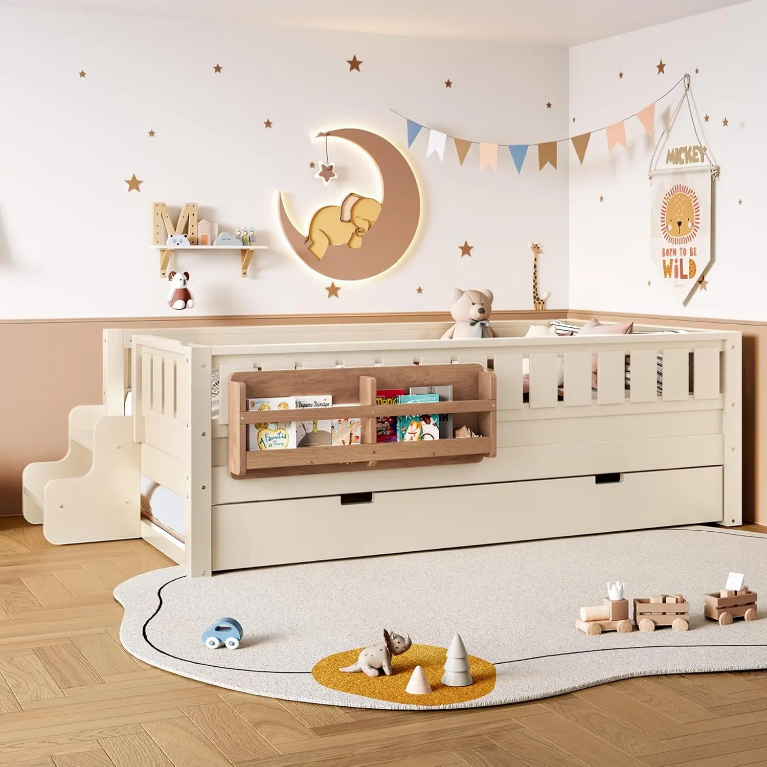 Двуспальная кровать Harper & Bright Designs для детей с небольшой лестницей и встроенными книжными полками, низкая кровать-платформа с выдвижным спальным местом
Двуспальная кровать Harper & Bright Designs для детей с небольшой лестницей и встроенными книжными полками, низкая кровать-платформа с выдвижным спальным местом