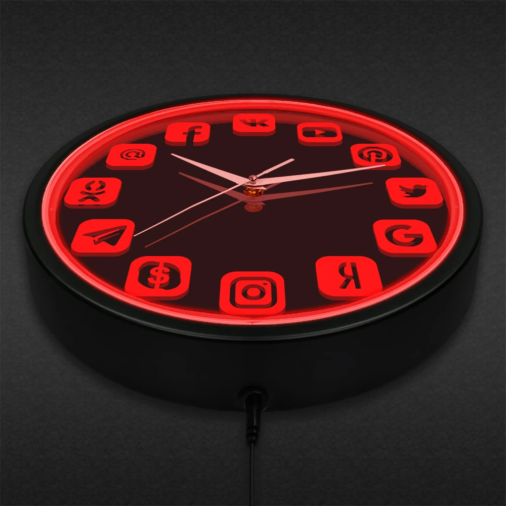 Media Social Symbol Wall Clock Metal Frame LED Neon Illuminated Wall Clock for Office Room Glow In Dark Night Light Wall Clock
Media Social Symbol Wall Clock Metal Frame LED Neon Illuminated Wall Clock for Office Room Glow In Dark Night Light Wall Clock