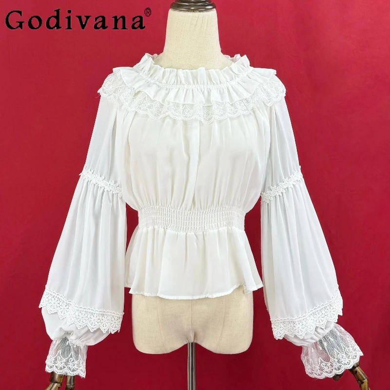 Lolita Spring Autumn Long-sleeved Elastic Neck Short Pullover Sweet Chiffon Blouse Girls Lace Lantern Sleeve Age-reducing Top
Lolita Spring Autumn Long-sleeved Elastic Neck Short Pullover Sweet Chiffon Blouse Girls Lace Lantern Sleeve Age-reducing Top