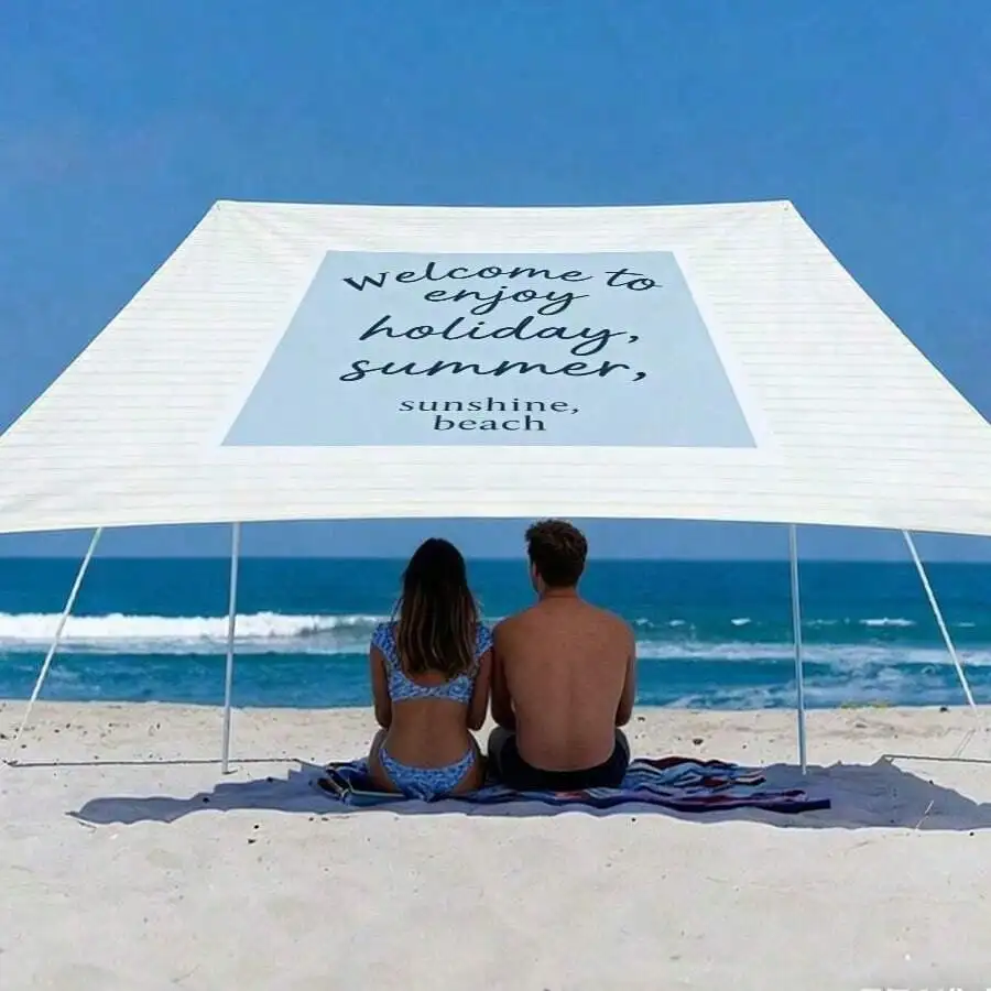 Minimalist Holiday Slogan Polyester Sunshade Awning, White And Blue Color Block Outdoor Waterproof Sunscreen Canvas Rope Awning. Made From Select High-Quality Polyester Fabric, Featuring A Beige Striped Base With A Light Blue Frame And A Handwritten Sloga
Minimalist Holiday Slogan Polyester Sunshade Awning, White And Blue Color Block Outdoor Waterproof Sunscreen Canvas Rope Awning. Made From Select High-Quality Polyester Fabric, Featuring A Beige Striped Base With A Light Blue Frame And A Handwritten Sloga