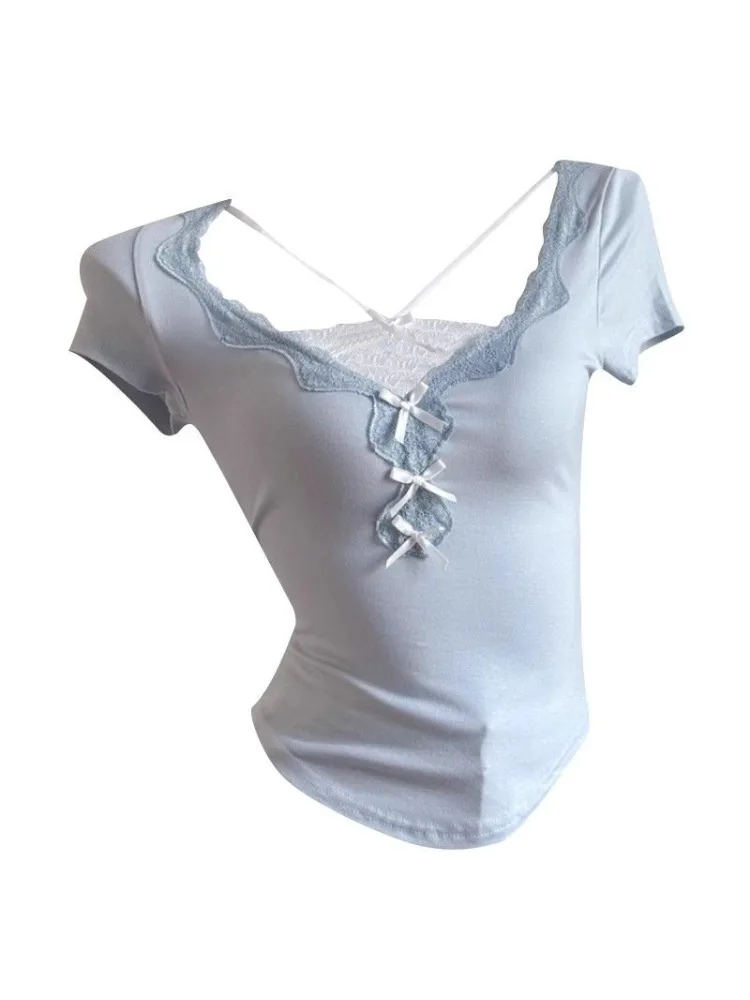 HOUZHOU Women's Lace Short Sleeve T-Shirt Bow Slim-Fit Sexy Top Blue Gray Kawaii Summer Halter Clothes Y2k Cute Clothing
HOUZHOU Women's Lace Short Sleeve T-Shirt Bow Slim-Fit Sexy Top Blue Gray Kawaii Summer Halter Clothes Y2k Cute Clothing