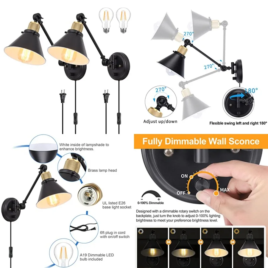 Wall Sconce Plug in, Dimmable Wall Sconces Swing Arm Wall Lights with Plug in Cord, Wall Mounted Light with Dimmer On/Off Knob
Wall Sconce Plug in, Dimmable Wall Sconces Swing Arm Wall Lights with Plug in Cord, Wall Mounted Light with Dimmer On/Off Knob