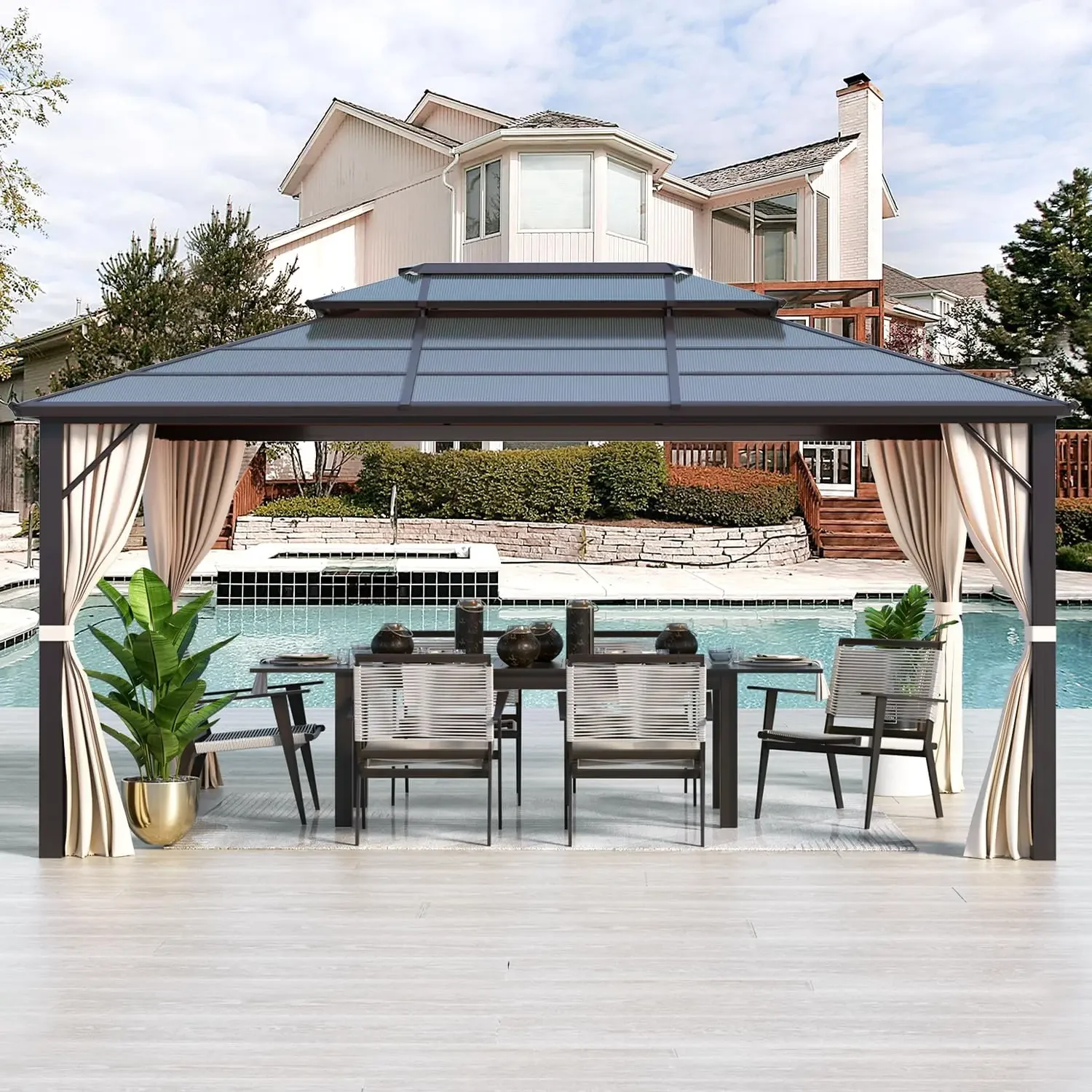 10'x13' Hardtop Gazebo, Outdoor Polycarbonate Double Roof Canopy, Aluminum Frame Permanent Pavilion with Curtains and Netting
10'x13' Hardtop Gazebo, Outdoor Polycarbonate Double Roof Canopy, Aluminum Frame Permanent Pavilion with Curtains and Netting