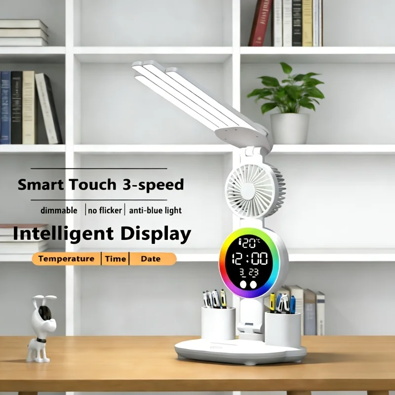 USB dual-head touch LED lamp, dimmable & color shift. Built-in fan, night light, eye-care, battery-free for home, office, dorm.
USB dual-head touch LED lamp, dimmable & color shift. Built-in fan, night light, eye-care, battery-free for home, office, dorm.
