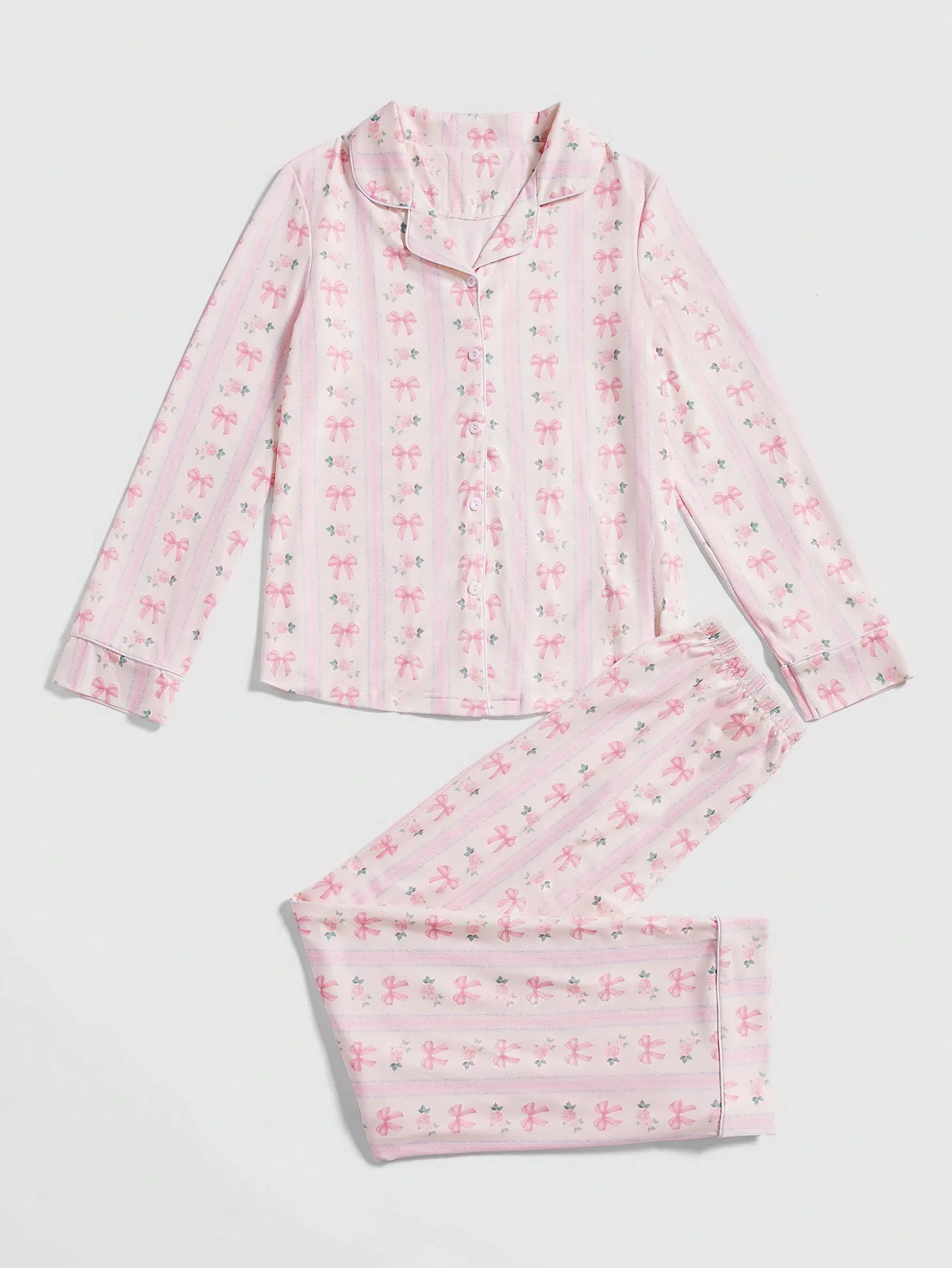 Kawaii Bow Print Button-Front Pajama Set for Women, Soft Sleepwear for Fall Winter
Kawaii Bow Print Button-Front Pajama Set for Women, Soft Sleepwear for Fall Winter