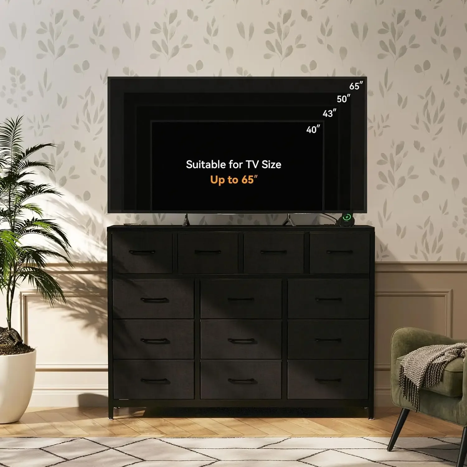 Long TV Stand with 3 Outlets and 2 USB Charging Ports, 57'' Wide TV Stand with 13 Large Drawers, Fabric TV Stand for Living Room
Long TV Stand with 3 Outlets and 2 USB Charging Ports, 57'' Wide TV Stand with 13 Large Drawers, Fabric TV Stand for Living Room