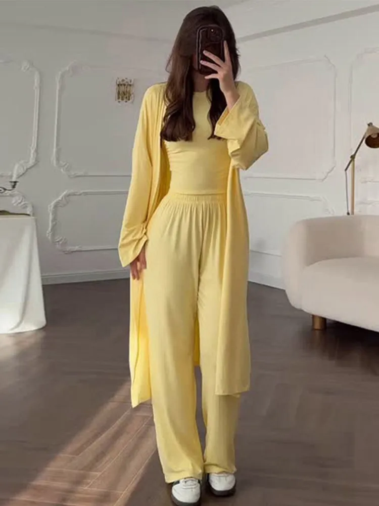 Casual Solid Women 3 Pieces Suits Long Cardigan O-neck Slim Top Wide Leg Trousers 2025 Summer Autumn New Fashion Female Outfits
Casual Solid Women 3 Pieces Suits Long Cardigan O-neck Slim Top Wide Leg Trousers 2025 Summer Autumn New Fashion Female Outfits
