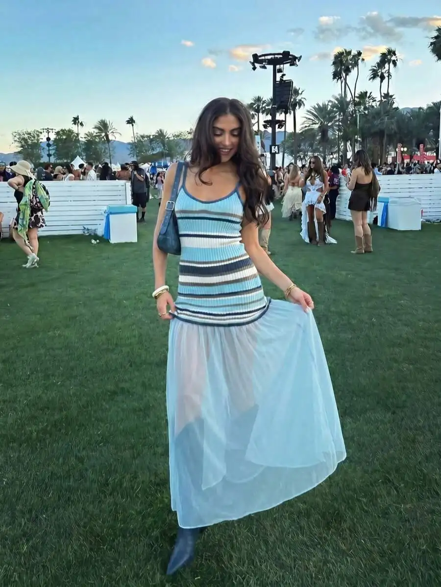 Striped Knit Camisole Dress With Sheer Maxi Skirt Sleeveless Spaghetti Strap Summer Casual Dress
Striped Knit Camisole Dress With Sheer Maxi Skirt Sleeveless Spaghetti Strap Summer Casual Dress