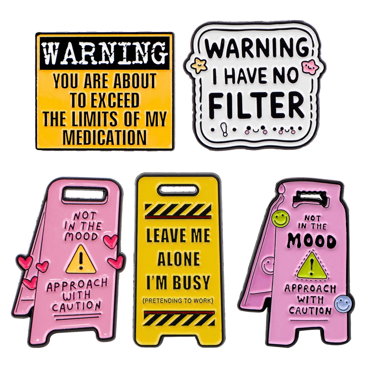 5pcs/set Warning Phrase Sign Enamel Pin Brooches For Women Lapel Pins Badge on Backpack Costume Accessories Fashion Jewelry Gift
5pcs/set Warning Phrase Sign Enamel Pin Brooches For Women Lapel Pins Badge on Backpack Costume Accessories Fashion Jewelry Gift