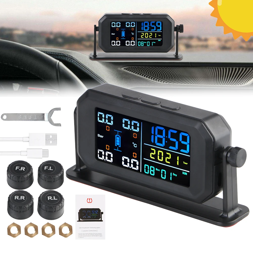 USB / Solar TPMS Digital Clock Date Week Year Display Tyre Temperature Monitor Universal Car Tire Pressure Monitoring System
USB / Solar TPMS Digital Clock Date Week Year Display Tyre Temperature Monitor Universal Car Tire Pressure Monitoring System