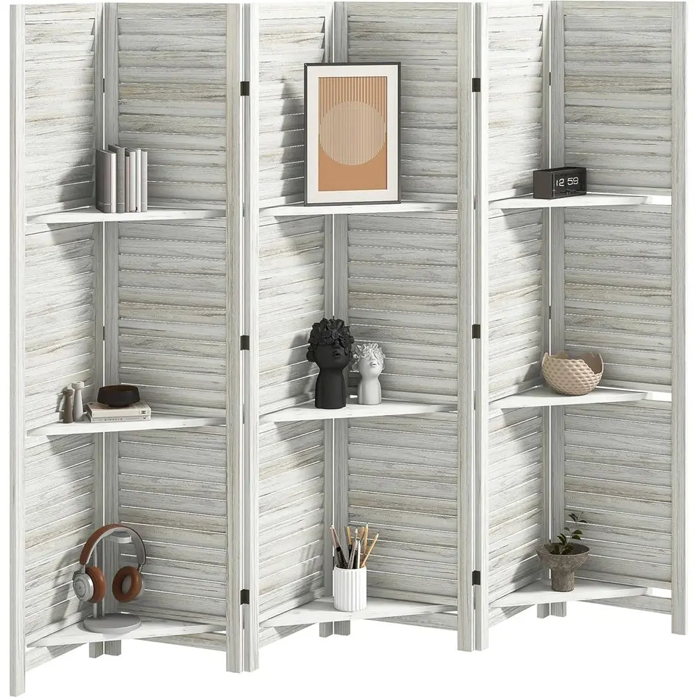 6 Panel 67 Tall Wooden Privacy Screen with 3 Shelves for Storage or Home Office, Distressed White
6 Panel 67 Tall Wooden Privacy Screen with 3 Shelves for Storage or Home Office, Distressed White