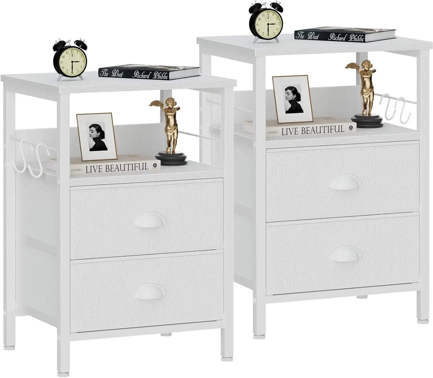 Nightstands Set 2, End Table with 2 Fabric Drawers, Bedside Table with 2 Hooks, Open Wood Shelf Side Sofa Table for Bedroom
Nightstands Set 2, End Table with 2 Fabric Drawers, Bedside Table with 2 Hooks, Open Wood Shelf Side Sofa Table for Bedroom