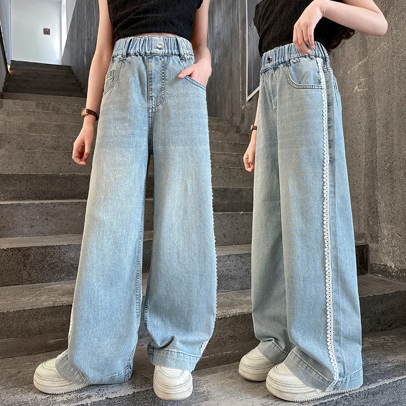 Fashion Kids Designer Loose Straight Jeans with Lace Side for Tweens Girls Casual Denim Pants Children Retro Blue Jeans Trousers
Fashion Kids Designer Loose Straight Jeans with Lace Side for Tweens Girls Casual Denim Pants Children Retro Blue Jeans Trousers