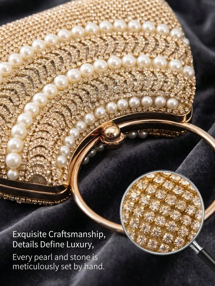 Elegant Rhinestone And Pearl Evening Clutch For Women, Handcrafted Frame Bag With Metal Handle
Elegant Rhinestone And Pearl Evening Clutch For Women, Handcrafted Frame Bag With Metal Handle
