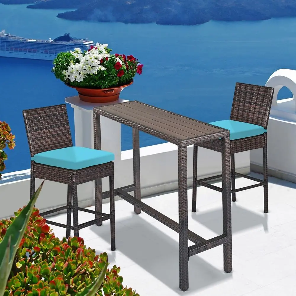 Weather-Resistant 3-Piece Outdoor Bar Set with High Top Table and Blue Wicker Stools for Patio or Balcony
Weather-Resistant 3-Piece Outdoor Bar Set with High Top Table and Blue Wicker Stools for Patio or Balcony