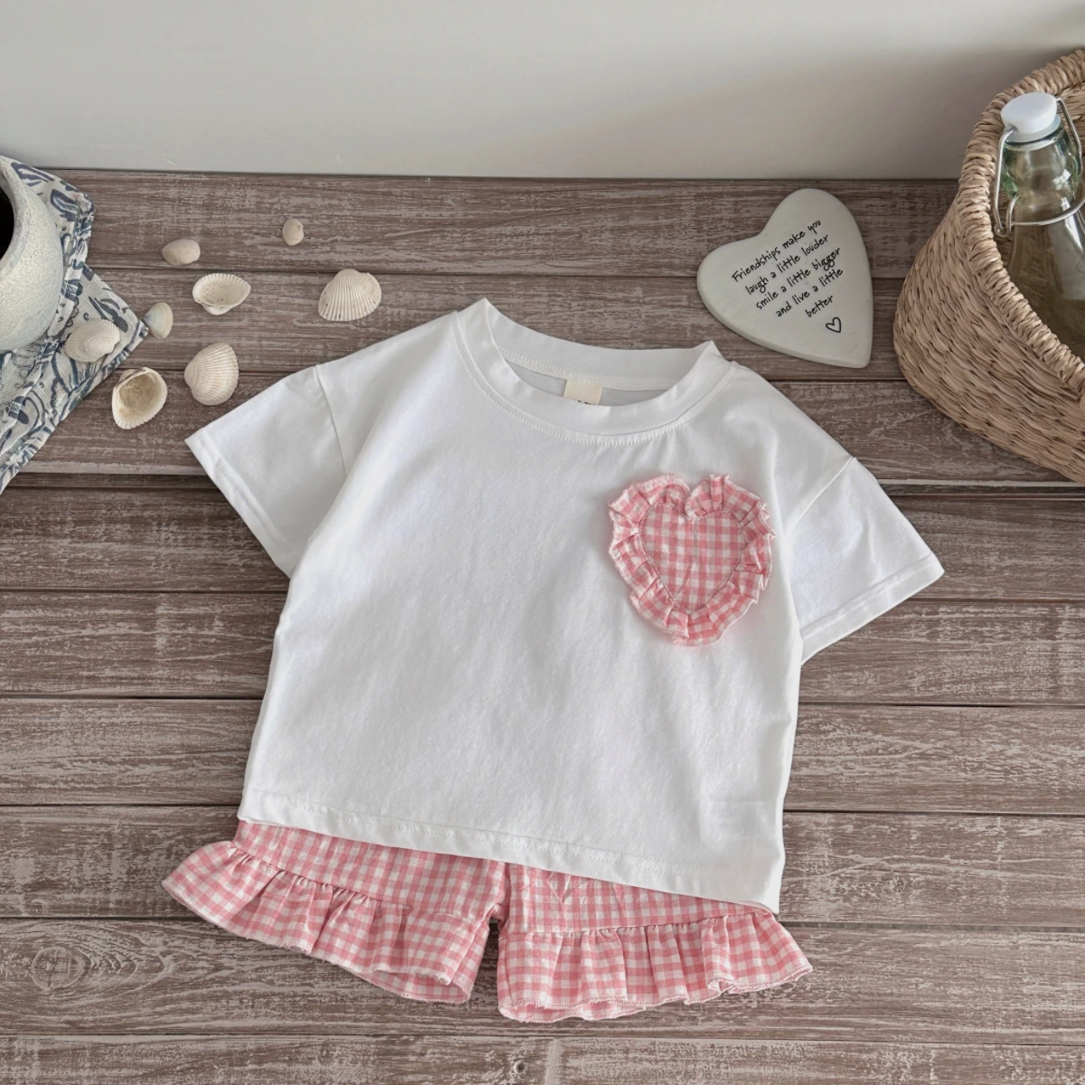 Baby Boy Girl Summer Leisure Outdoor Cotton Breathable Heart-shaped Sticker Short Sleeve+Pink White Grid Pattern Shorts Set 0-3Y
Baby Boy Girl Summer Leisure Outdoor Cotton Breathable Heart-shaped Sticker Short Sleeve+Pink White Grid Pattern Shorts Set 0-3Y