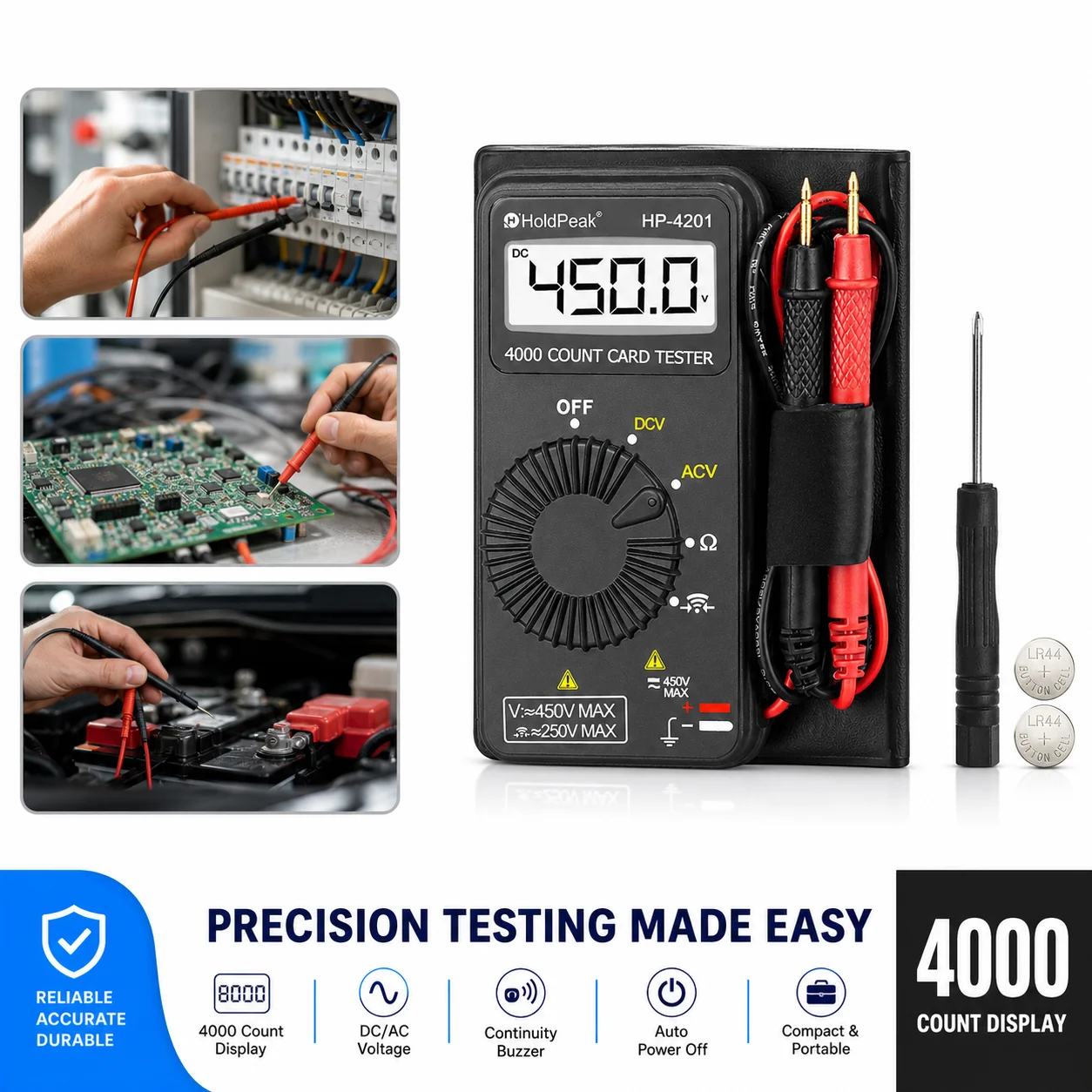HoldPeak-4201 Digital Multimeter 4000 Counts Auto Range AC DC Voltage Resistance Continuity Pocket Tester
HoldPeak-4201 Digital Multimeter 4000 Counts Auto Range AC DC Voltage Resistance Continuity Pocket Tester
