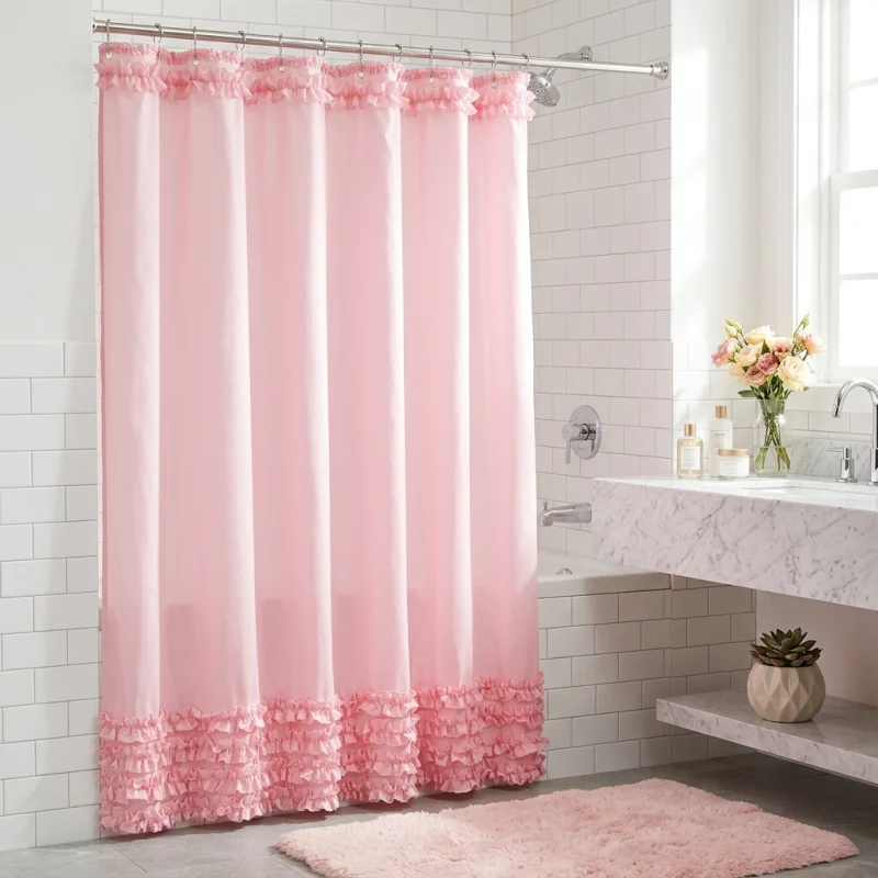 Ruffled Pink Solid Farmhouse Shower Curtain, Waterproof Modern Polyester Bathroom Decor
Ruffled Pink Solid Farmhouse Shower Curtain, Waterproof Modern Polyester Bathroom Decor