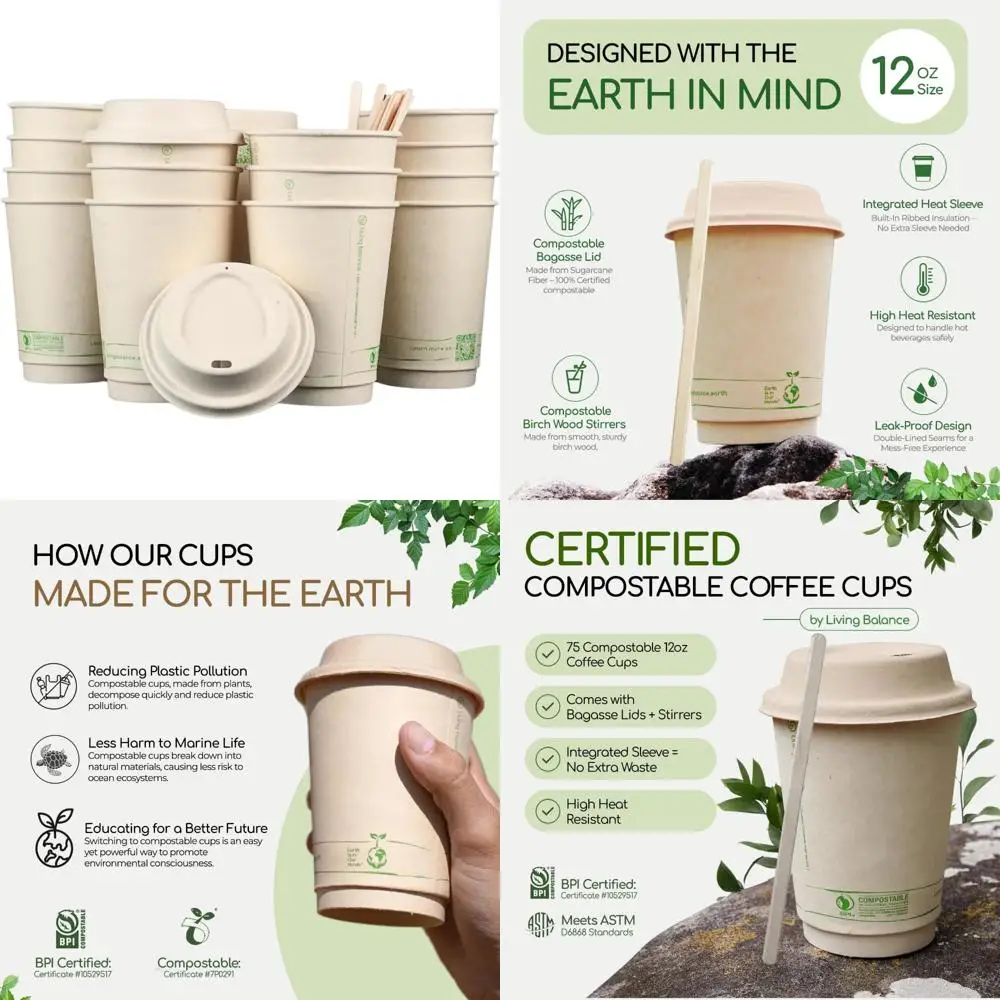 Компостируемые кофейные чашки на 12 унций с крышками Bagasse, упаковкой из 75 штук, мешалками и встроенными рукавами — экологически чистые одноразовые чашки для су
Компостируемые кофейные чашки на 12 унций с крышками Bagasse, упаковкой из 75 штук, мешалками и встроенными рукавами — экологически чистые одноразовые чашки для су