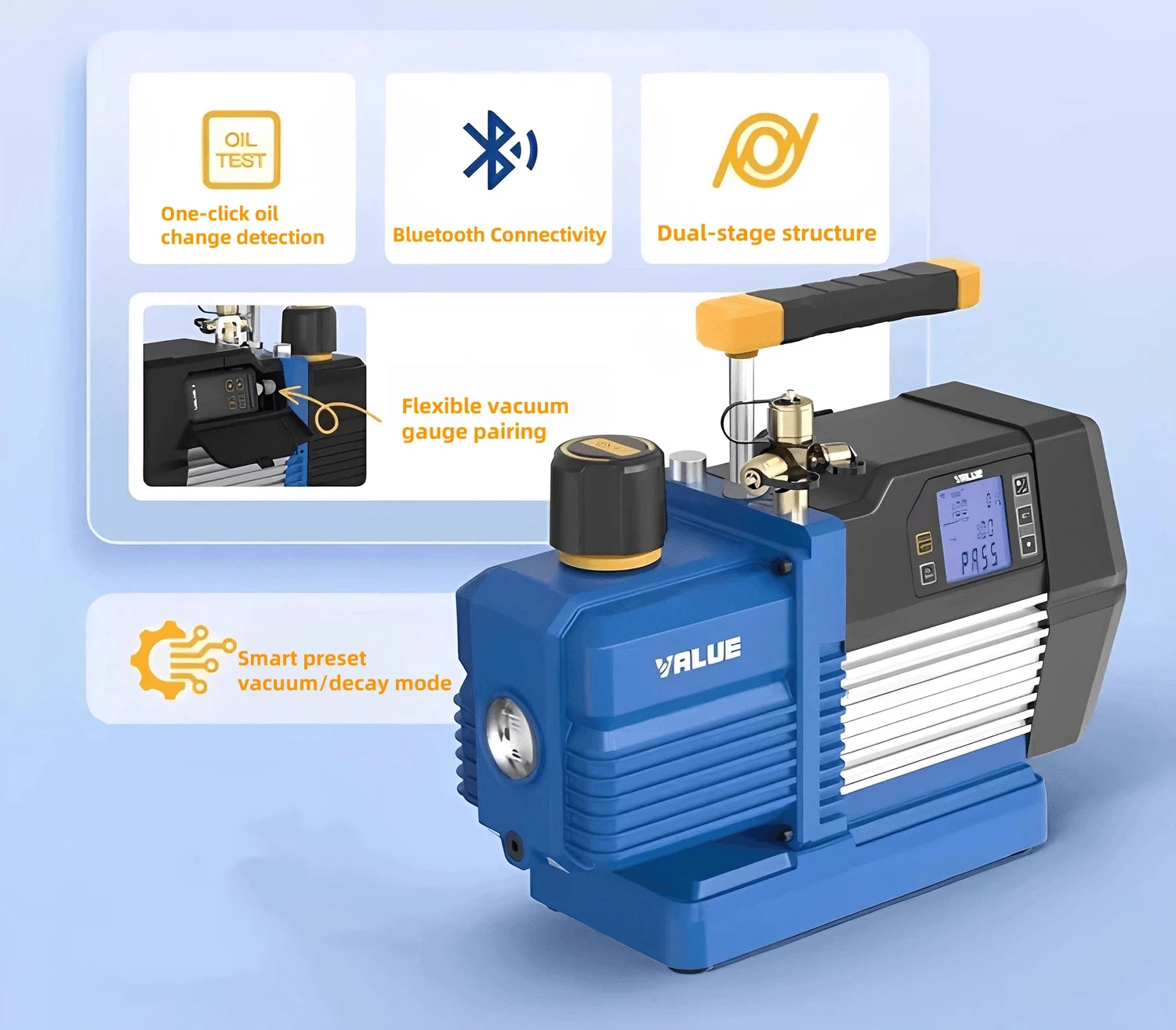 VP8DSV Pro Smart Vacuum Pump: 0.55kW Dual Stage, 8CFM, 15 Micron, APP Data Logging, Auto Shutoff
VP8DSV Pro Smart Vacuum Pump: 0.55kW Dual Stage, 8CFM, 15 Micron, APP Data Logging, Auto Shutoff