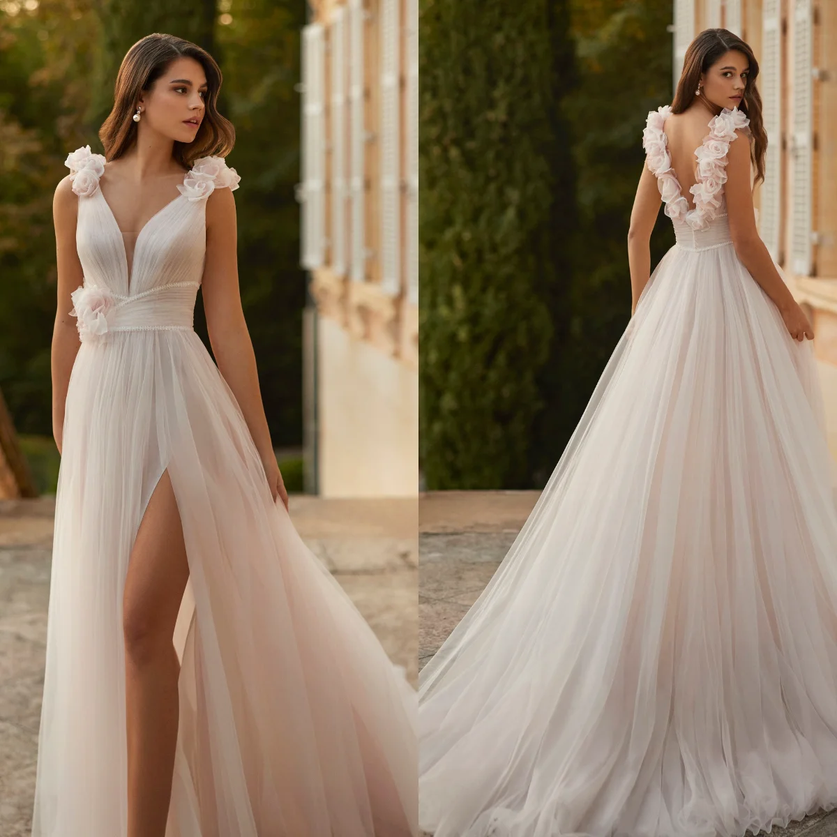 Bohemian Tulle Wedding Dress A Line V Neck Flower Bridal Gowns Split Side Vestidos De Novia Customized
Bohemian Tulle Wedding Dress A Line V Neck Flower Bridal Gowns Split Side Vestidos De Novia Customized