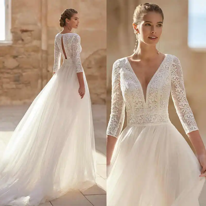 Classic A Line Wedding Dresses V-Neck Appliques Flowers Lace Evening Party Gowns Vestido De Noiva Court Train Customized
Classic A Line Wedding Dresses V-Neck Appliques Flowers Lace Evening Party Gowns Vestido De Noiva Court Train Customized
